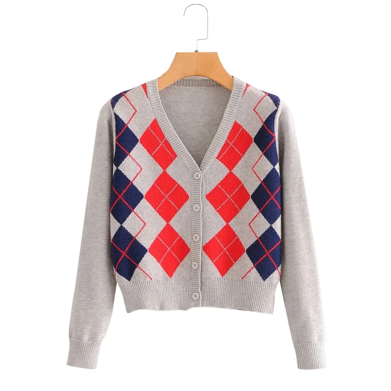 

Autumn Vintage Rhombic Plaid Single Breasted Button Cardigan Sweater Woman V-Neck Long Sleeve Knitwear Jumper