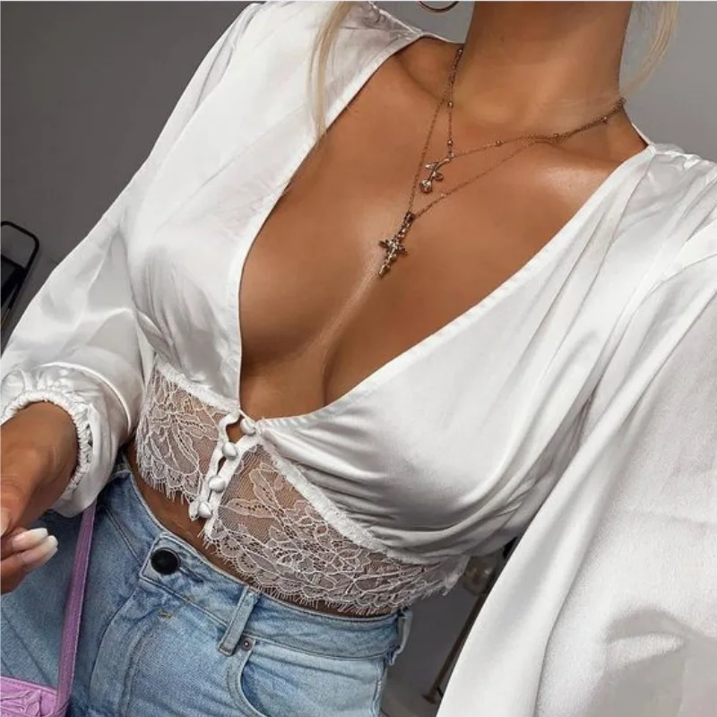 Sexy Summer Mesh Sheer Blouse Women Lady See through Deep V Neck Lace Floral Crop Top Long Sleeve Top Shirt Blusa Street Clothes