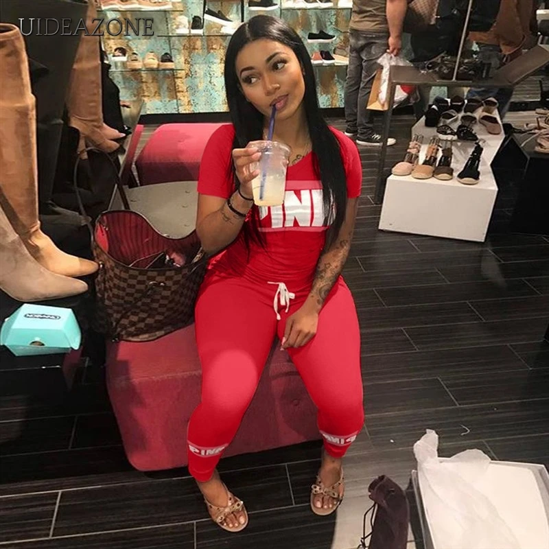 

2018 Pink Letter Print 2pcs Tracksuits Women Two Piece Set Street T-shirt Tops And Jogger Set Suits Casual 2pcs Outfits