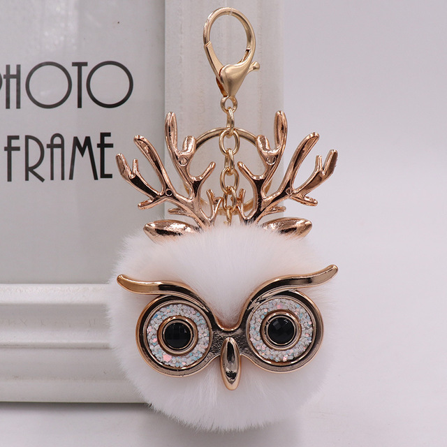 Cute Sequin Ears Owl Keychain Fluffy Artificial Rabbit Hairy Pom-pom Keychain Women's Shoulder Bag Owl Pendant Key Ring