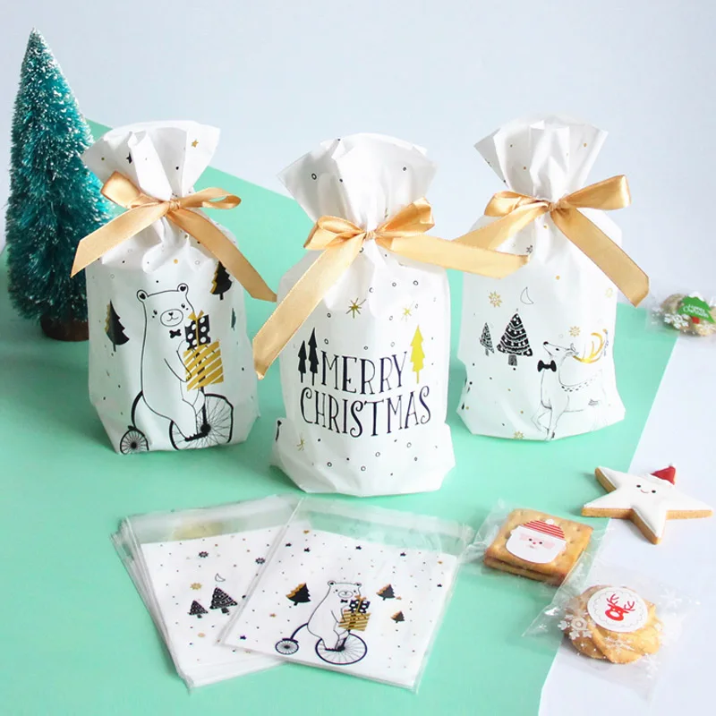

5/10 Pcs Merry Christmas Elk Bear Printing Candy Bags Dragee Drawstring Bag Gift Bags For Kids New 2019