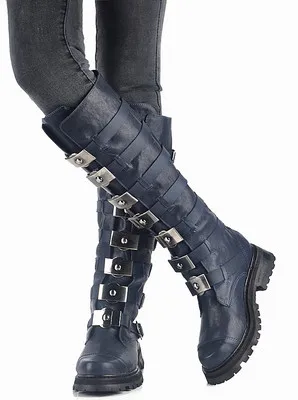 blue(leather in) Stylesowner; Лидер продаж; оригинальные женские сапоги из коровьей кожи с пряжкой на ремешке; нейтральные рыцарские сапоги на толстой подошве; Цвет черный, синий; высокие сапоги - Цвет: blue(leather in)