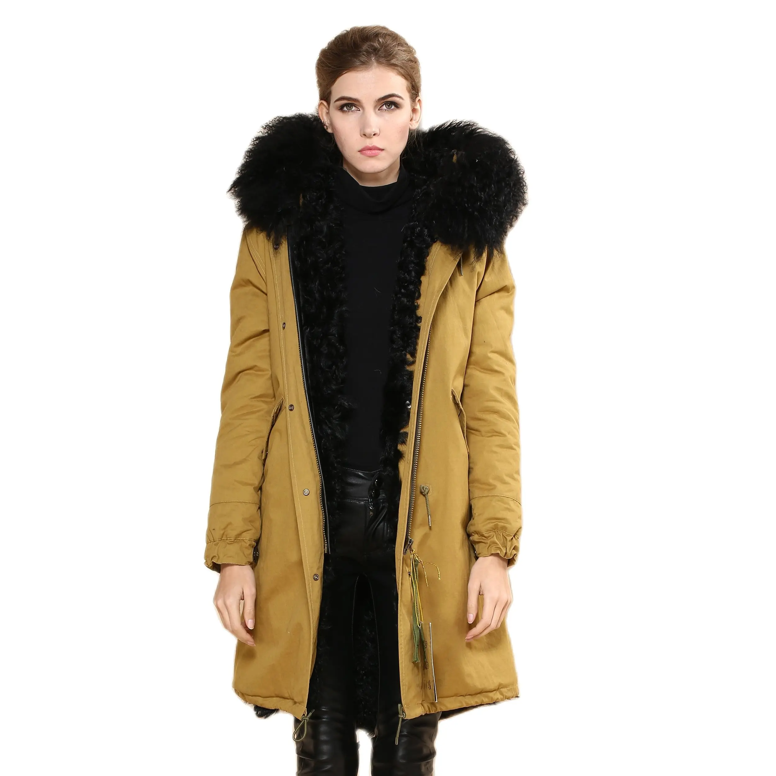Зимнее теплое пальто с большой подкладкой из натурального меха желтая парка