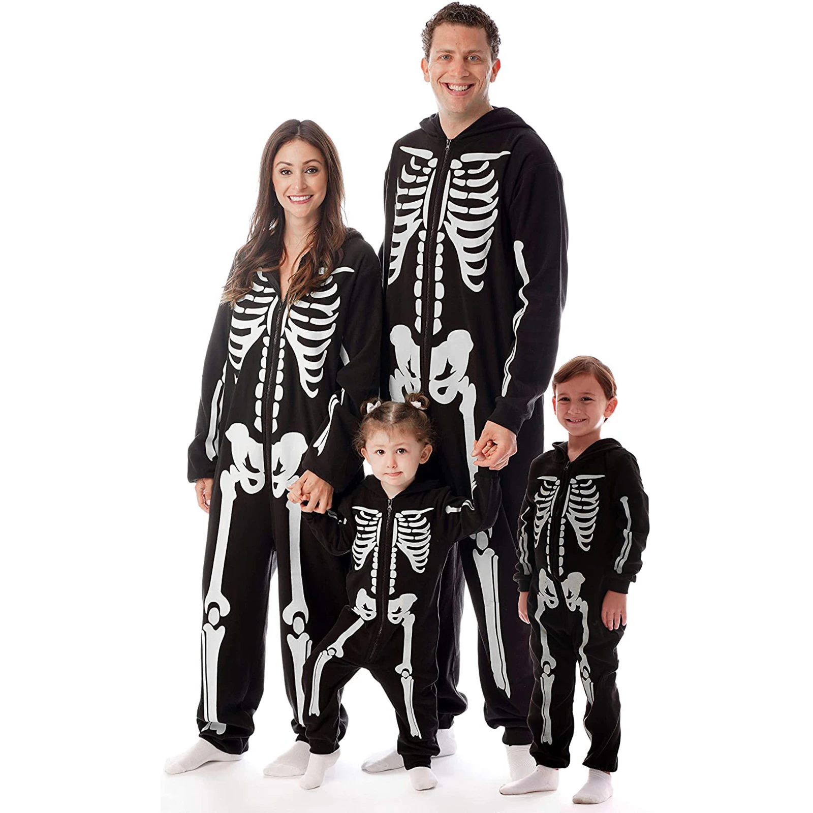 

Family Matching Jumpsuit, Skeleton Print Long Sleeve Hooded Romper with Zipper for Parents Kids