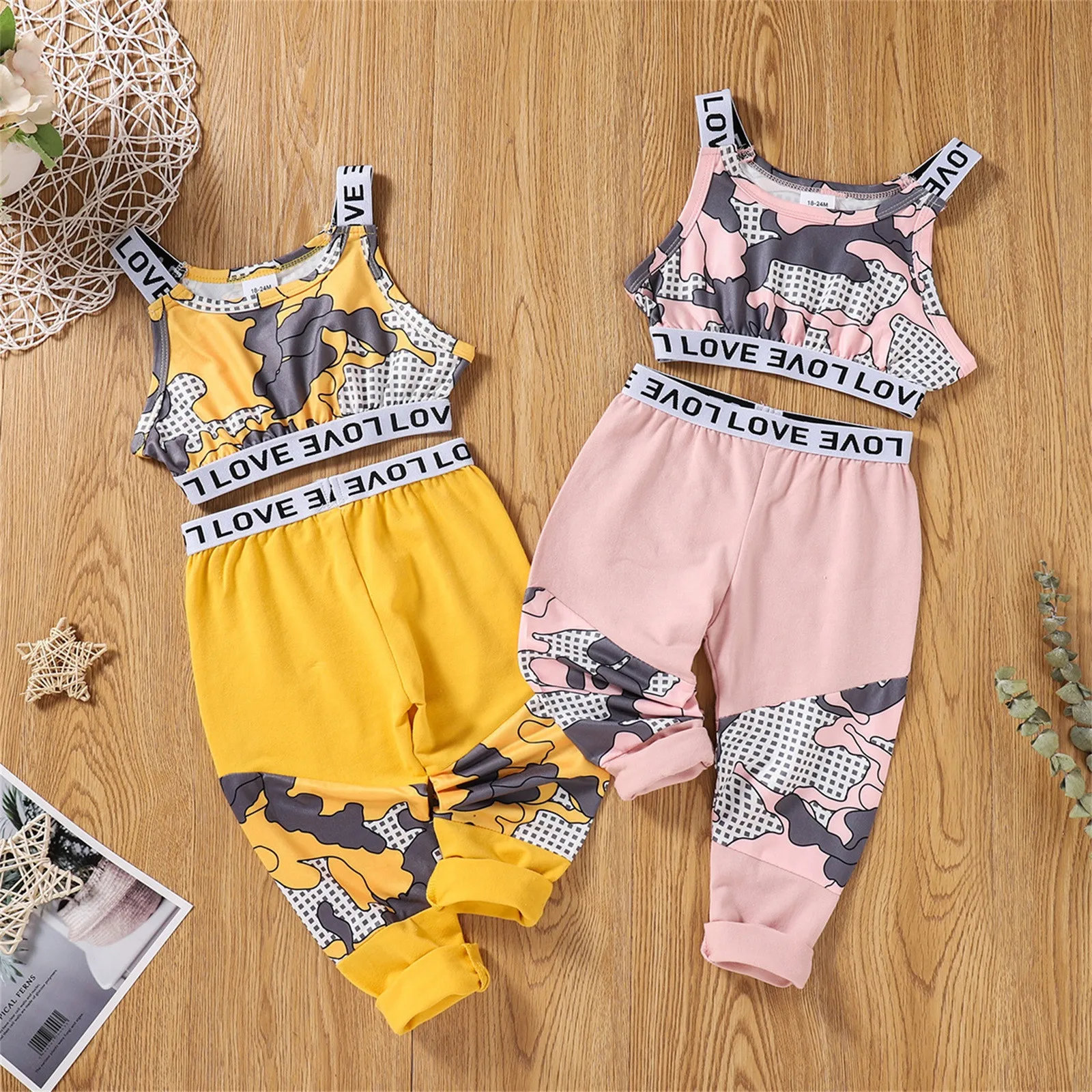 

Fashion Toddler Baby Girls Clothing Sets Sleeveless Letter Print Vest +Camouflage Pants Summer Children's Suit Girl Clothes 2-6Y