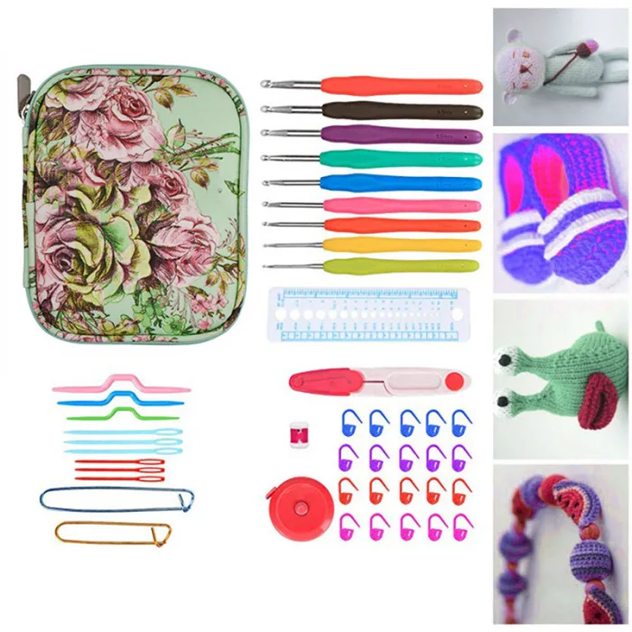 1set Aluminium Crochet Hooks Afghan Knitting Needles Hooks with Carrying Box TB Sale