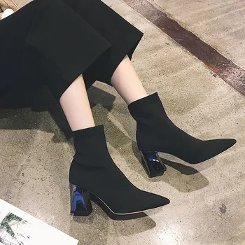 

EOEODOIT 2020 Spring Women Sock Boots Elastic Stretch High Heel Pointed Toe Pumps Short Ankle Boots Shoes Female Fashion Heels