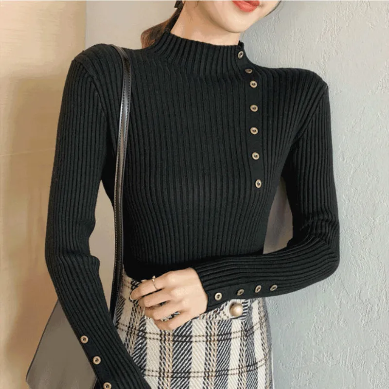 Bella philosophy Knitted Women Half High Collar Sweater Pullovers Autumn Basic Button Sweaters Slim Fit Black Top | Женская одежда