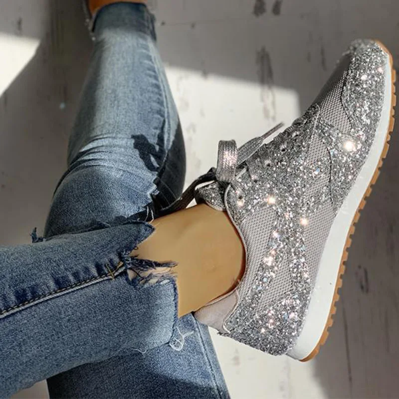 Casual Sneakers Women Flat Glitter Bling Vulcanized Shoes Female Mesh Lace Up Platform Comfort Plus Size Fashion Ladies Spring