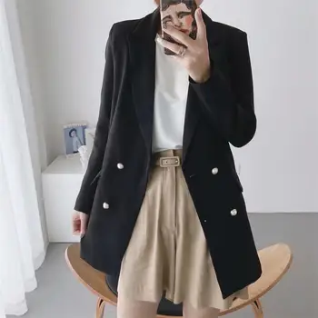 

2020 autumn new imitation pearl double-breasted temperament all-match casual suit jacket pink suit women