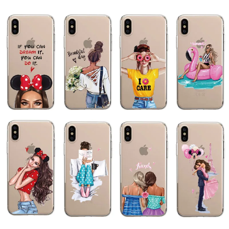 Милый мультяшный Модный черный каштановый чехол для мамы и дочки iPhone X XS Max XR 8 7 6 6s