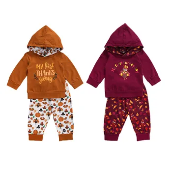 

FOCUSNORM My First Thanksgiving Baby Girls Boys Clothes Sets Cartoon Print Hooded Tops Pants Loose Version Festive Clothing