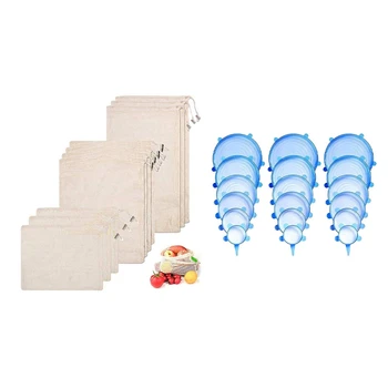 

AU -Reusable Produce Bags Set of 10 (S, L, M) with Silicone Flexible Stretch Lids Blue