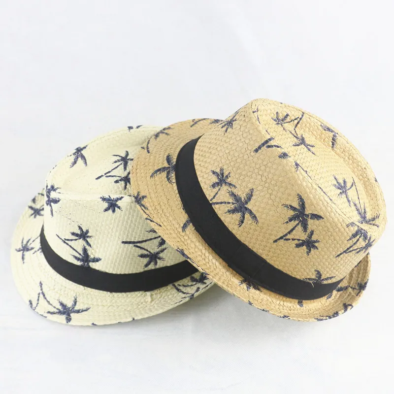 Beach Hat Women Sun Hat Adult / Child Linen Woven Jazz Straw Hat Men Women Coconut Tree Pattern Sun Hat Summer Beach Travel Sunscreen Ribbon U27