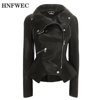 

2019 New Autumn And Winter Fashion Women Clothes Zipper Split Joint Pu Leather Jacket Turtleneck Full Sleeves Slim D802