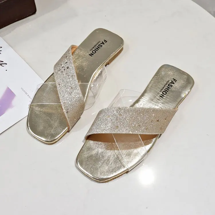 

2019 Summer Women's Slippers Slip-On Solid Platform Square Toe Casual Fashion Flat Heels Flat PU Beach 35-39