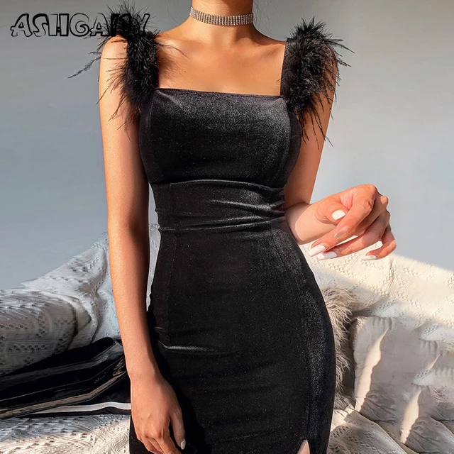 Ashgaily 2022 New Sexy Velvet Dress Women Sleeveless Dress Solid Feathers Bodycon Clothes Party Club Outfits Femme