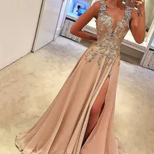 Длинное вечернее официальное платье платья длиной до пола A-LinePrincess v-образный вырез аппликация без рукавов шелк как атласные платья