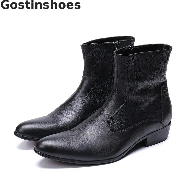 

Men Boots Genuine Leather Black Pointed Cap Toe Men Short Boots Side Zip Cow Leather Men Ankle Western Casual Work Boots