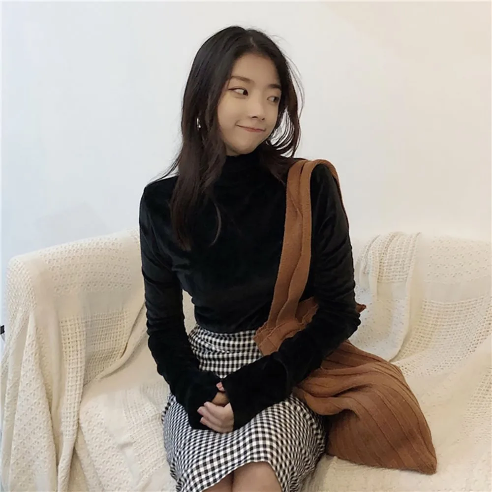 Women T-Shirt  Soft Fleece Velvet Turtleneck Shirt Solid Long Sleeve Autumn Fitness Vintage Girls Bottom Tops Women Clothing
