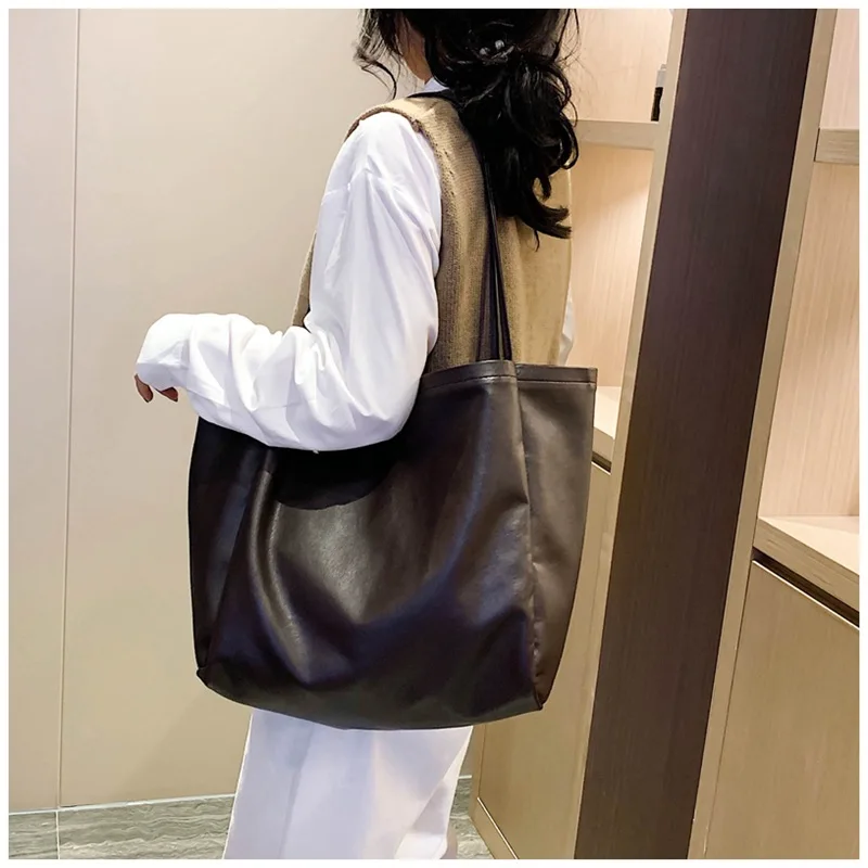 Новинка, стильная женская сумка, Большая вместительная черная сумка для покупок, качественная женская большая сумка из искусственной кожи, повседневная женская сумка через плечо-9