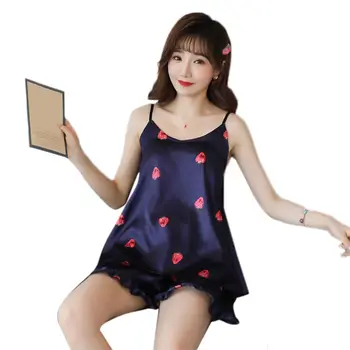

Women Sleeveless Pajamas Set Ice Silk Sling Camis Tops Ruffles Shorts Sleepwear Sweet Fruit Print Padded Loungewear