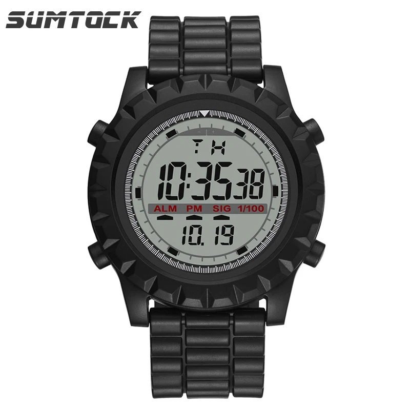 

2019 Sumtock Men Watch Big Face Digital Sport Simple Style Black Led Watch Back Light Shock Resistant Luminous Man Wristwatch
