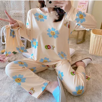 

2 Pcs New Women Pajamas Set Lazy Princess Style 2020 Spring Autumn Cute Long Sleeve Women Sleepwear Long Pant Simple Pajamas