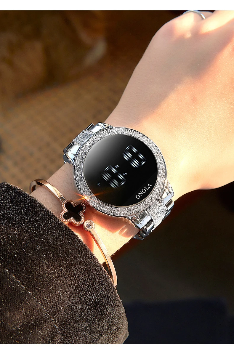 Fashion full diamond touch screen Led display ladies waterproof steel band quartz movement electronic watch business watch