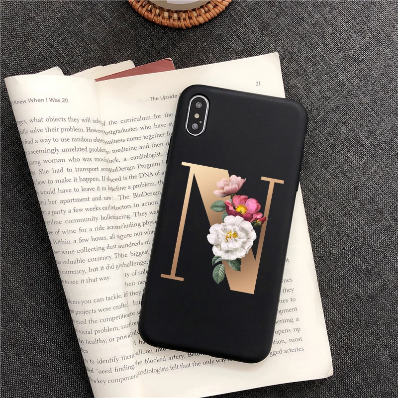 TPU Черный ТПУ чехол для телефона с буквой Алфавит цветы для iPhone XR XS MAX 11 PRO MAX 7 5 6 6s 8 plus SE, силиконовый чехол для телефона - Цвет: TPU