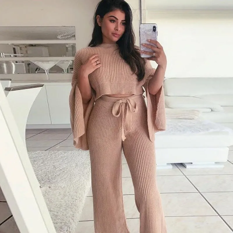 

Women Sexy Split Long Sleeve 2 Piece Set Solid Belt Lace Up Sweaters And Wide Leg Pants O-Neck Loose 2 Piece Outfits