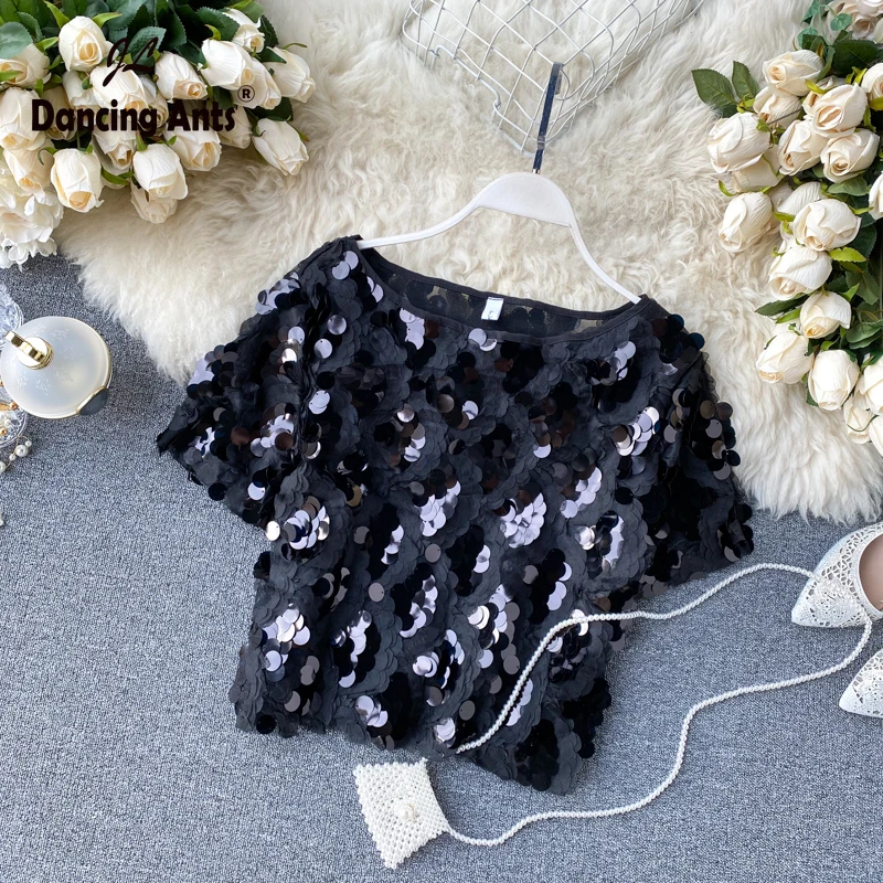 

Woman T-Shirts Short Sleeve O-neck Short Tee Trend 2020 Spring French Style Fashion Sequined Office Lady Pullover T-Shirts