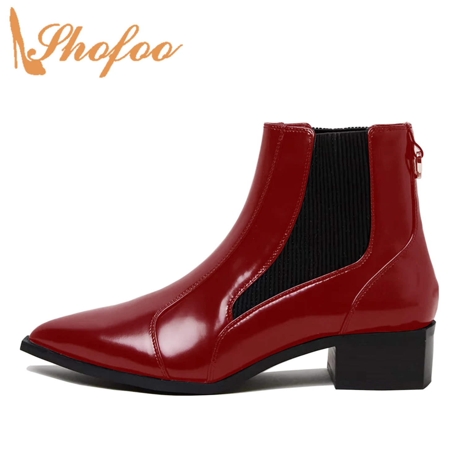

Red Med Chunky Heels Women Chelsea Boots Pointed Toe Ankle Booties Ladies Autumn Spring Mature Elastic Band Shoes Large Size 40