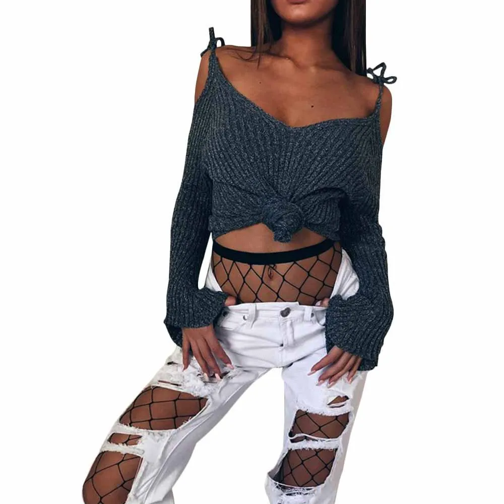 Sweater Solid Straps Casual Sweater V-neck Speaker Full Sleeve Sweater Women Sweaters And Pullovers Sexy Nov23