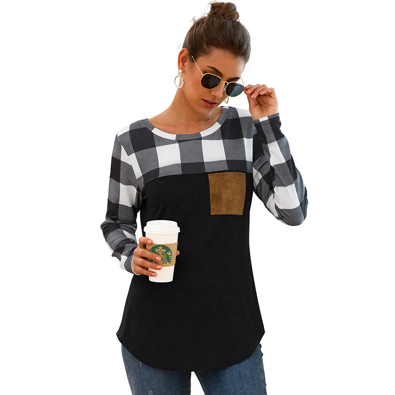 Модная клетчатая футболка с длинным рукавом, женская одежда, цветная туника, Camisetas, топы с карманами, повседневная Сетчатая футболка, большие размеры - Цвет: GY-B