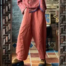 Johnature Women Linen Solid Color Vintage Stright spodnie w pasie 2021 jesień nowe luźne spodnie Casual spodnie do kostek tanie tanio Proste LOOSE NONE CN (pochodzenie) Na wiosnę jesień Stałe Mieszkanie Elastyczny pas