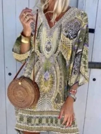 S-3XL Big Size Boho Dress Female Vintage Print Tops Long Sleeve Retro Loose Women Short Beach Dresses 2020 Autumn Fashion