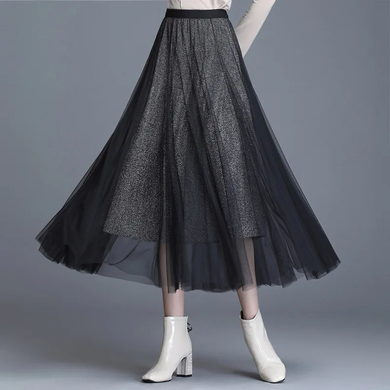 

High-waisted Slimming Skirt Gauze Skirt Mid-length Mesh Dress Pleated Skirt Autumn And Winter Gauze Skirt Women's Autumn Longuet
