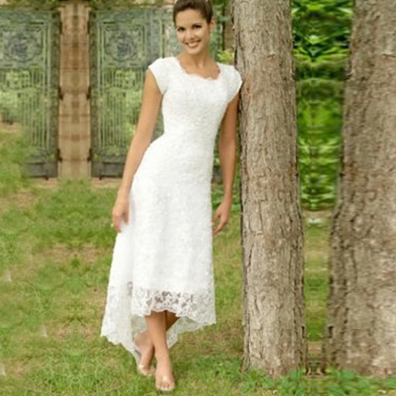

Lace Wedding Dresses Ankle Length With Cap Sleeve A Line vestido de festa longo com renda e tule vestido de noiva plus size 2015