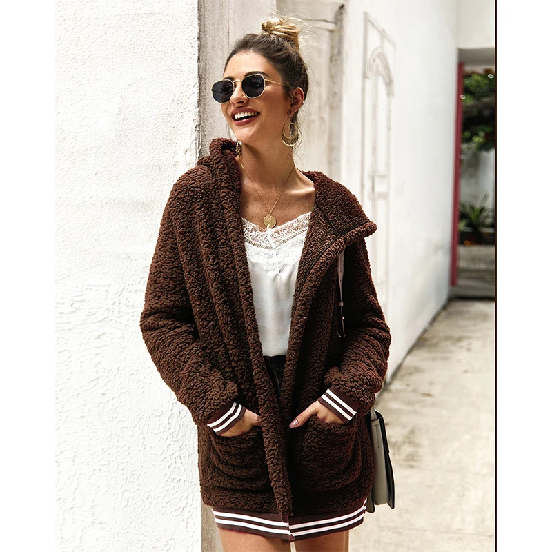 KAYOULAI женская зимняя куртка из мягкого плюша, приталенные женские куртки с длинным рукавом, меховое пальто с капюшоном, Повседневная Уличная одежда, Manteau Femme