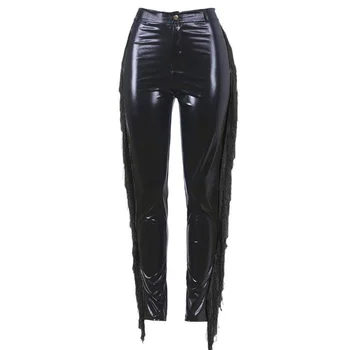 

Women PU Faux Leather Pants Zipper Fly High Waisted Ankle-length Womens Trousers Spring Autumn Female Black Tassel Pants Clothes