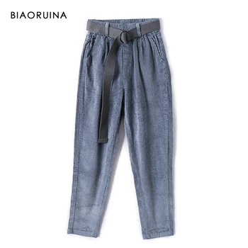 

BIAORUINA Women's Corduroy Solid Warm Thick Autumn Winter Pant Ankle Length Female Casual Harem Pant Trousers with Belt