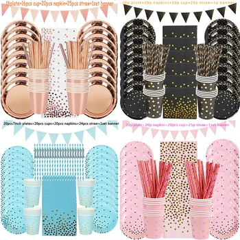

Birthday Decorations Disposable Tableware Set Paper Straws Cups Plates Banner Napkins Boy Girl Kids Adult Birthday Party Decor