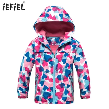 

Colorful Girls Winter Jacket Long Sleeve Heart Print Hooded Windproof Jacket Coat Casual Zippered Fleece Lined Kids Outerwear