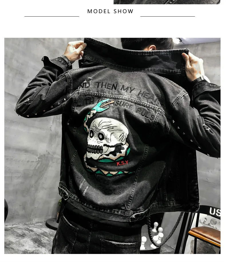 YASUGUOJI Новинка панк стиль Новые череп джинсы с вышивкой куртка мужские джинсовые куртки Уличная заклепки тонкая черная куртка для мужчин