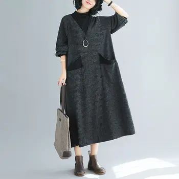 

Korean Winter Oversize Women's Long Dress Loose Waist Knitted Stitching Half-high Collar Fake Two Piece Dress Clothing f2584