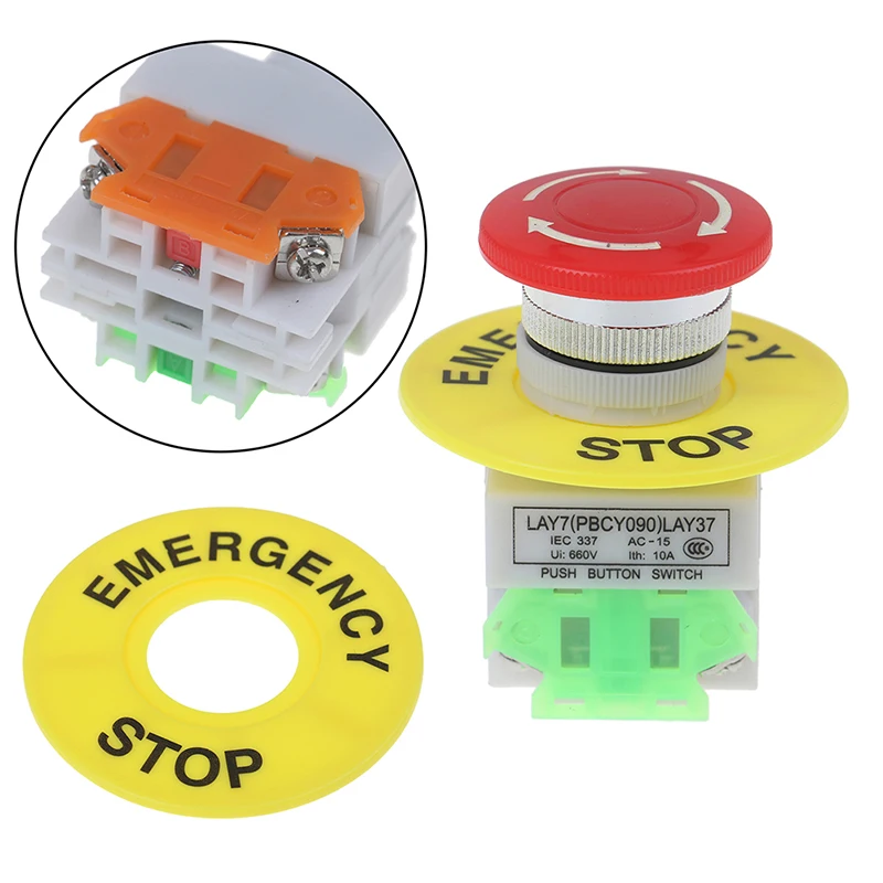 1Pc Red Mushroom Cap Normally Closed Emergency Stop Push Switch Button 10A CC 