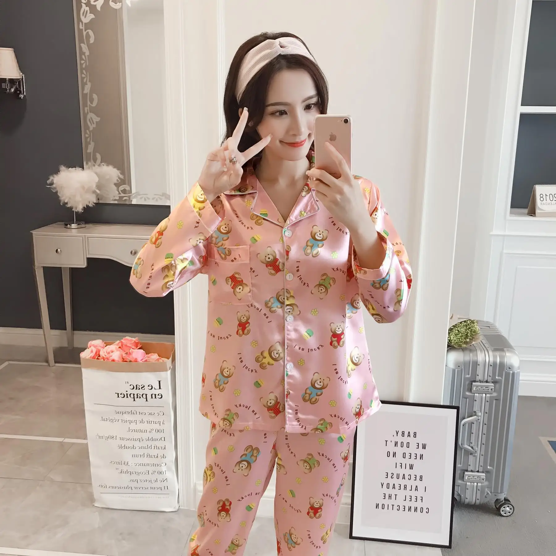 

Korean-style Hipster Cute Cartoon Teddy Bear Long Sleeve Pajamas Women's Autumn Model Silk GIRL'S Home Wear