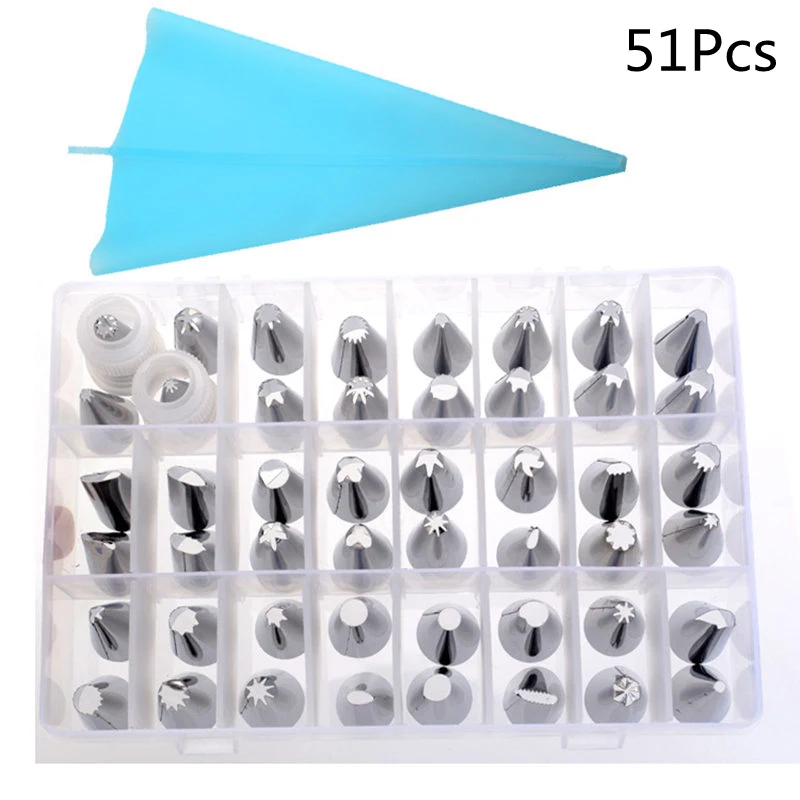 51Pcs 51Pcs/set Dessert Decorator Silicone Icing Piping Cream Pastry Bag Stainless Steel Nozzle Set DIY Bakeware Cake Decorating Tools - Цвет: 51Pcs