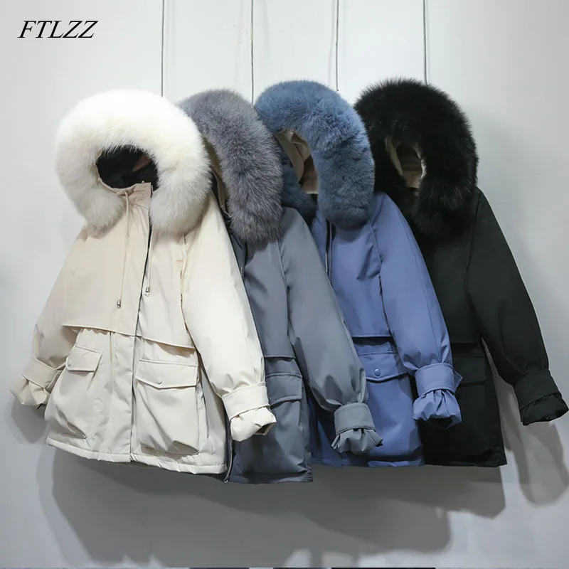 FTLZZ пуховик с натуральным лисьим мехом, новая зимняя куртка, женская толстая белая пуховая парка, теплая верхняя одежда с поясом